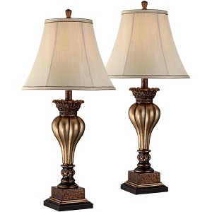 Regency Hill Senardo 30" Tall Floral Vase Large Traditional End Table Lamps Set of 2 Gold Finish Tan Shade Living Room Bedroom Bedside Nightstand - 1 of 4