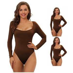 INSPIRE CHIC Women's Long Sleeve Slim Fit Stretchy Square Neck Leotard Jumpsuits 3 Packs - 1 of 4