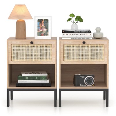 Brafabhome Rattan Nightstands Set of 2 with Drawers, Accent Sofa End Tables Modern Bedside Table with Large Storage for Bedroom Living Room | Beige