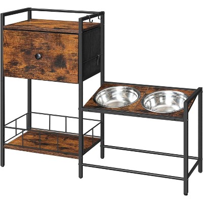 Elevated Pet Feeding Station Set: 2 - Tier Food & Water Bowl Stand with Storage Drawer, Rustic Wood & Metal Frame, Ideal for Small Spaces