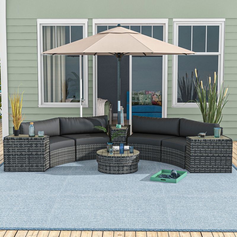 Outsunny 8 Piece Patio Furniture Set with 4 Rattan Sofa Chairs & 4 Tables, Outdoor Conversation Set with Storage & Umbrella Hole, 3 of 7