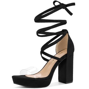 Allegra K Women's Open Toe Lace Up Clear Strap Platform Chunky Heels Sandals - 1 of 4