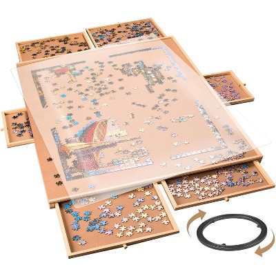 Angel Sar 1500-Piece Rotating Puzzle Board with Cover, 34x26 Inch Wooden Jigsaw Table with 6 Storage Drawers, Portable Puzzle Organizer