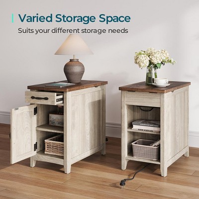 Washed Grey and Brown Farmhouse End Table with Charging Station