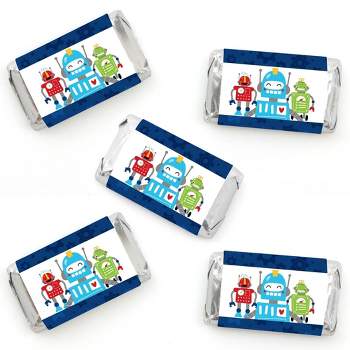 Big Dot of Happiness Gear Up Robots - Mini Candy Bar Wrapper Stickers - Birthday Party or Baby Shower Small Favors - 40 Count