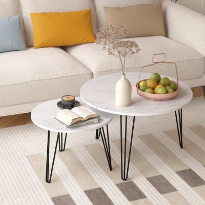 27.56'' Round Nesting Coffee Table Set of 2, Circular Nesting End Table Set,White