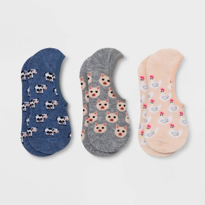 Women's Farm Barn 3pk Liner Socks - Blue/Gray/Pink 4-10: Hidden Gel Heel Grip, Midweight Knit, Classic Jacquard Pattern