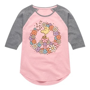 Girls' - Peanuts - Floral Peace Sign Woodstock Shirt Tail Raglan Graphic T-shirt - 1 of 4
