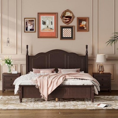 3-Pieces Bedroom Sets,Queen Size Wood Platform Bed, Two Nightstands With 2 Drawers For Each-Cuddlewood