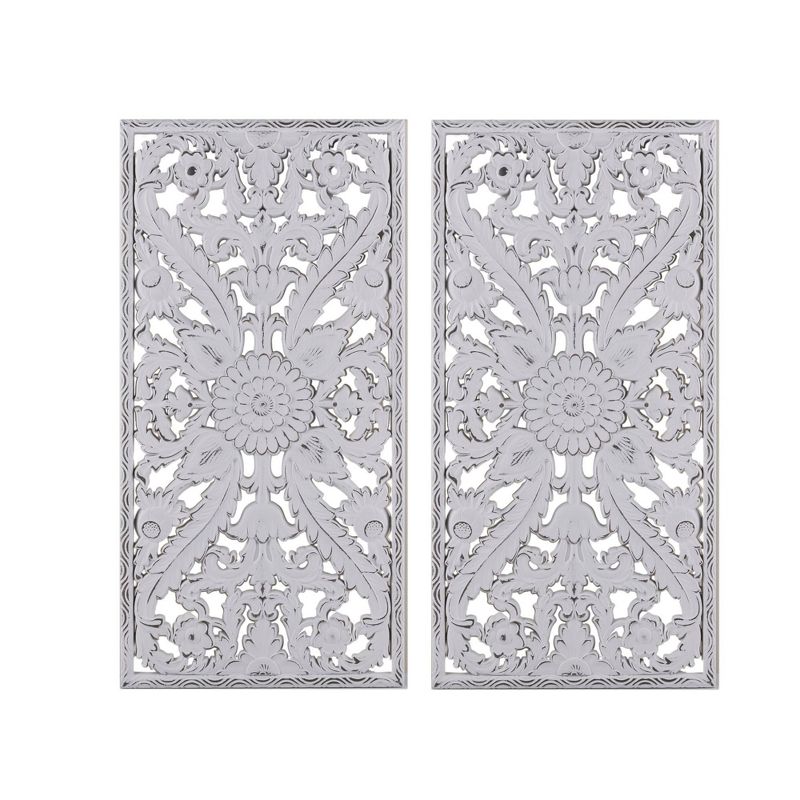 (Set of 2) 15.5&#34; x 31.5&#34; Botanical Wood Carved Wall Panel White, 1 of 10