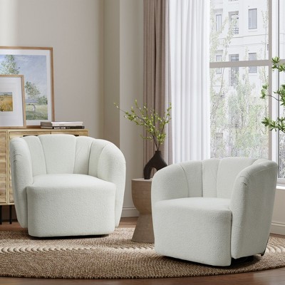Ivory Boucle Swivel Barrel Accent Chair with Floral Backrest