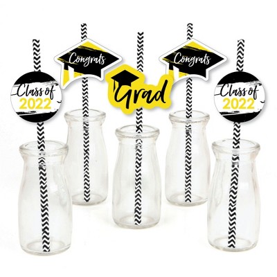 Big Dot of Happiness Yellow Grad - Best is Yet to Come - Paper Straw Decor - Yellow 2022 Graduation Party Striped Decorative Straws - Set of 24