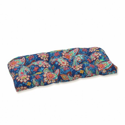 Paisley Party Wicker Outdoor Loveseat Cushion Blue - Pillow Perfect: Weather & Fade-Resistant, 100% Polyester Fiber Fill