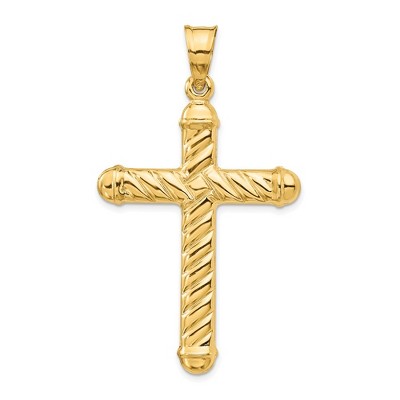 Black Bow Jewelry Men's 14k Yellow Gold Large Hollow 3D Rope Cross Pendant, 30 x 54mm