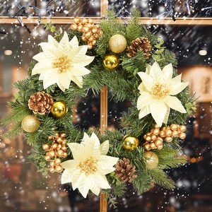16 in Christmas Wreath with Flowers, Berries & Pine Cones for Fireplace Wall Window Table Centerpiece Decoration, Gold - 1 of 4