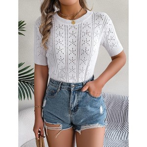Womens Knit Top Summer Round Neck Short Sleeve Hollow Out Casual Top Blouse - 1 of 4