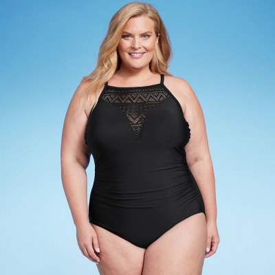 Women S Crochet High Neck One Piece Swimsuit Aqua Green Navy 24 Target