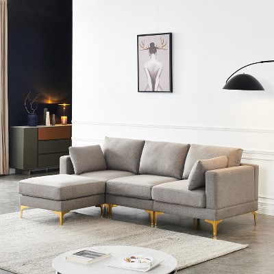 75 Modern Sectional Sofa Couch, 4-Seat L-Shaped Upholstered Couch Set with 3 Free Pillows, Beige-ModernLuxe