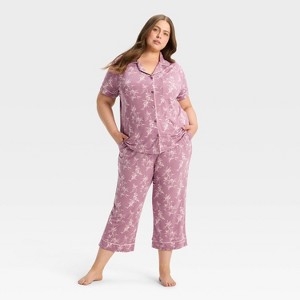 Women's Cloud Knit Short Sleeve Notch Collar Top and Cropped Pants Pajama Set - Auden™ - 1 of 3
