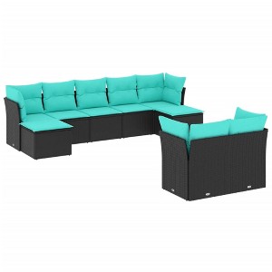 vidaXL 10 Piece Garden Sofa Set with Cushions Black Poly Rattan - Black and Blue Without Table - 1 of 4