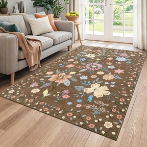 Runner Rug - Floral Boho Design, Ultra-Thin Low Pile, Non-Slip Backing, Machine Washable, 8*10ft, Brown - 1 of 4