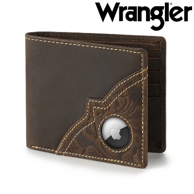 Wrangler Men’s Bifold Slim RFID Blocking Wallet, Genuine Leather, Casual Everyday 11-22 Card Capacity with AirTag Holder Window, Gift Ideas for Him