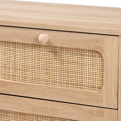 Elsbeth Oak Brown Wood and Natural Rattan 5-Drawer Storage Cabinet