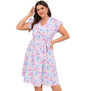 Plus Size Womens V Neck Ruffled Hem Short Sleeve Casual Summer Midi Dress with Belt - 1 of 4
