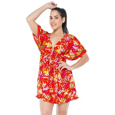 LA LEELA Women's Summer Bathing Suit Cover-up Mini Wrap Dresses X-Large-XX-Large Orange, Tie Dye Design