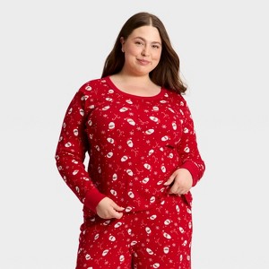 Women's Santa Print Ribbed Long Sleeve Holiday Matching Family Pajama Shirt - Wondershop™ Red - 1 of 4