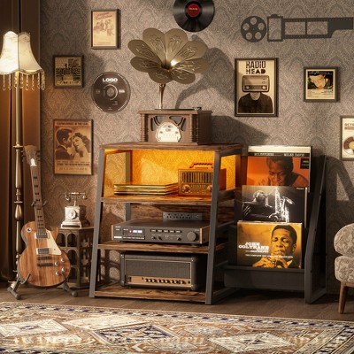 Aheaplus Audio Stereo Rack Cabinet with Record Storage, Turntable Console Stand with LED Lights and Outlets