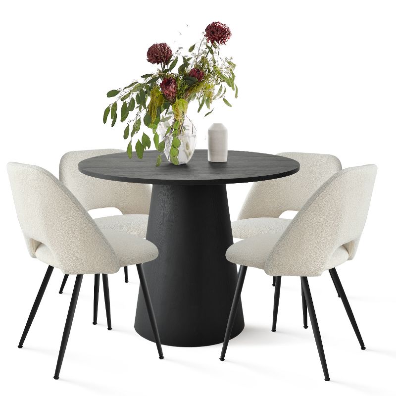Dwen+Edwin 5-Piece 35" Manufactured Black Grain Table and 4 Upholstered Boucle Chairs Modern Round Dining Table Set-The Pop Maison, 2 of 10