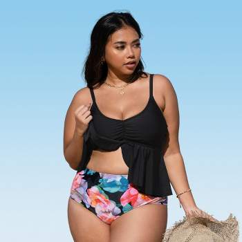 Bycc Bynn Women's Plus Size Strappy Swimwear Ruffled High Waist Bikini Set  Bathing Suit