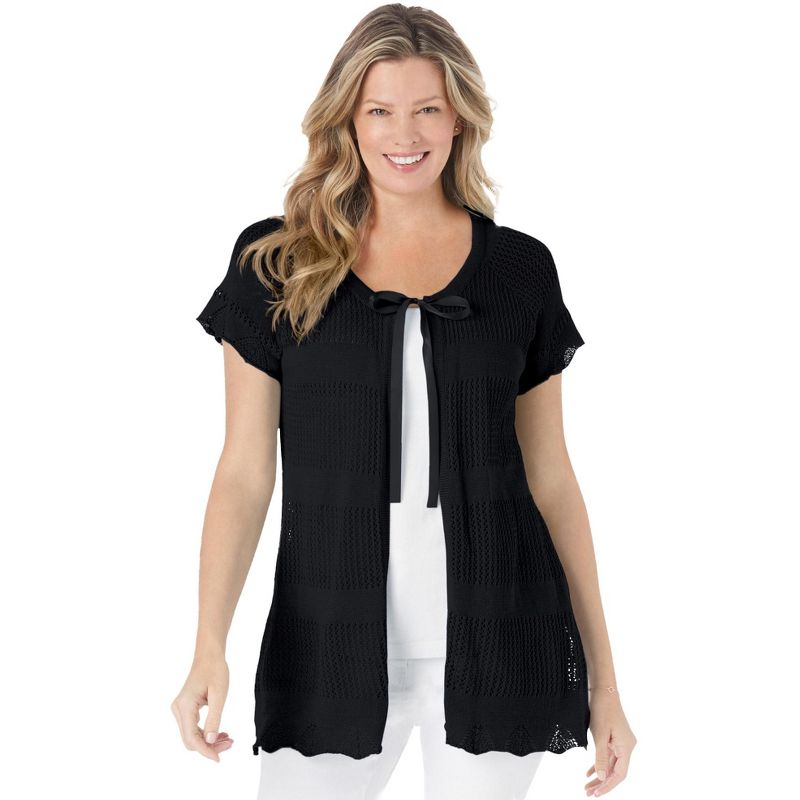 Woman Within Women's Plus Size Tie-Neck Pointelle Cardigan Sweater, 1 of 2
