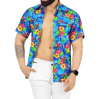 LA LEELA Mens Hawaiian Shirts Short Sleeve Button Down Shirt Men's Shirts Casual Beach Vacation Hawaii Island Shirts for Men Funny M Twin Parrots Blue