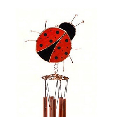 19.5 Inch Red and Black Stained Glass Ladybug Wind Chime with Copper Tubes
