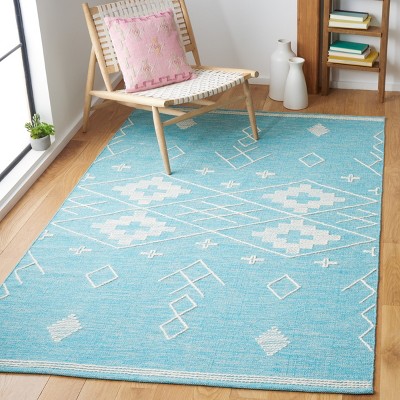 Teal and Ivory Wool Flatweave Tribal Area Rug, 5' x 8'
