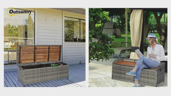 Outsunny Outdoor Storage Bench Wicker Deck Boxes with Wooden Seat, Gas Spring, Rattan Container Bin with Lip, Ideal for Storing Tools, Accessories and Toys, 2 of 9, play video