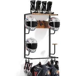 Motorcycle Helmet Holder Wall Mount, Helmet Rack with Wooden Boards and 4 Hat Stand, Motorcycle Accessories Gear Storage for Most Helmets and Clothes - 1 of 4
