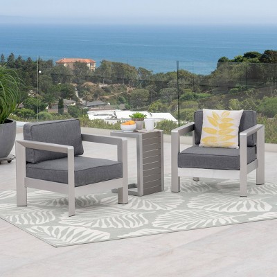 Aviara 3pc Aluminum & Faux Wood Club Chair Set - Silver/Gray - Christopher Knight Home