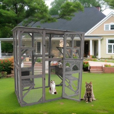 LAOTIES Large Outdoor Wooden Catio,Waterproof Cat Enclosure With Sleeping Areas And Platforms,Sturdy Cat Playpen (71" L x 38" W x 70" H,Gray)