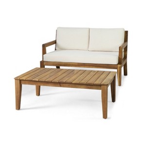 GDFStudio Camak Outdoor Acacia Wood Loveseat and Coffee Table Set,  Teak\Beige - 1 of 4