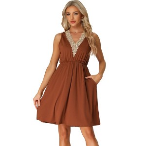 cheibear Women's Sleeveless with Pockets V Neck Lace Trim Lounge Casual Outfits Dresss - 1 of 4