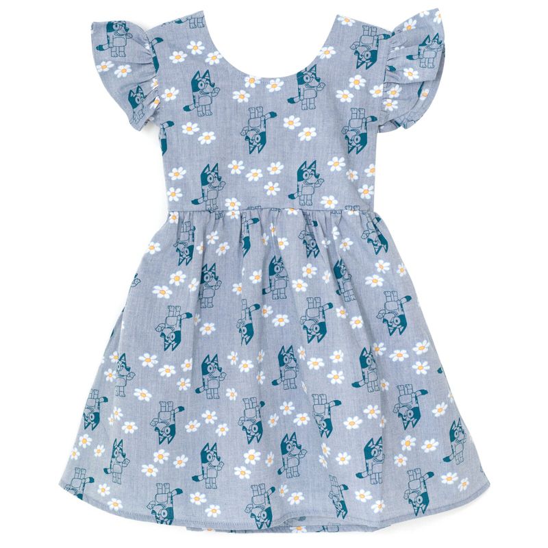 Bluey Floral Girls Chambray Skater Dress Little Kid to Big, 1 of 6