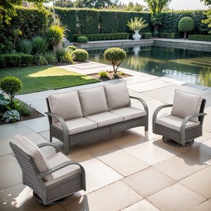 POCASSY 3 Pieces Patio Sofa Set, Patio Furniture Set with Patio Couch and Swivel Patio Chair, Metal Armrest All Weather Wicker Patio Set for Porch - 1 of 4