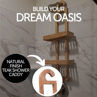 Nordic Teak Natural Wood Shower Caddy with Brass Hardware
