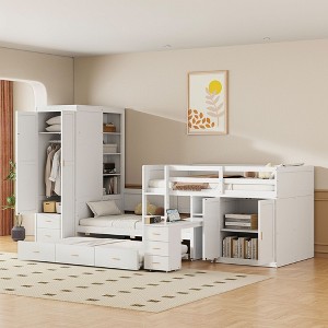 NicBex Twin Size Bunk Bed with Desk Wooden Triple Bed Frame with Twin Trundle, Wardrobe, Lockers, Drawers, Ladder and Guardrail, Space Saving - 1 of 4