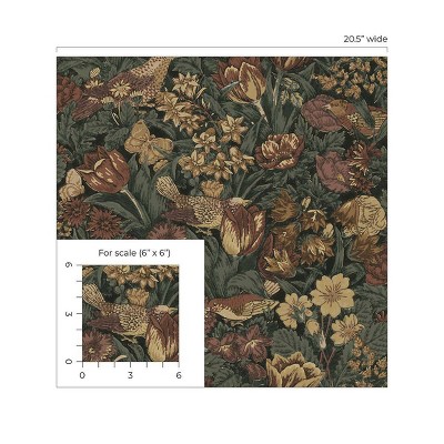 Mahogany and Graphite Bird Floral Peel and Stick Wallpaper