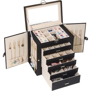 6-Layer Jewelry Box with Mirror, Lock, and 5 Drawers - Silver & Black - 1 of 4