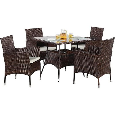 5-Piece Wicker Outdoor Table and Chairs, Patio Dining Set w/Square Glass Tabletop, Patio Table and Chairs Set for Backyard Deck Balcony Front Porch
